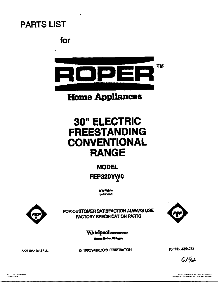 COVER Diagram and Parts List for FEP320YW0  Roper Range