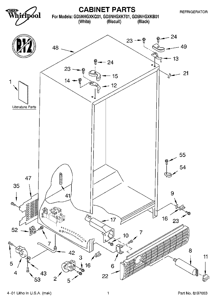 CABINET, LITERATURE Diagram and Parts List for GD5NHGXKB01  Whirlpool Refrigerator