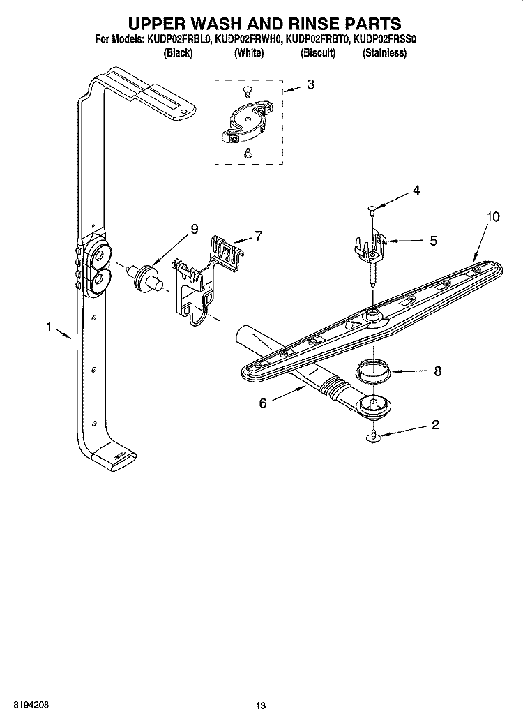 UPPER WASH AND RINSE PARTS Diagram and Parts List for KUDP02FRBT0  KitchenAid Dishwasher
