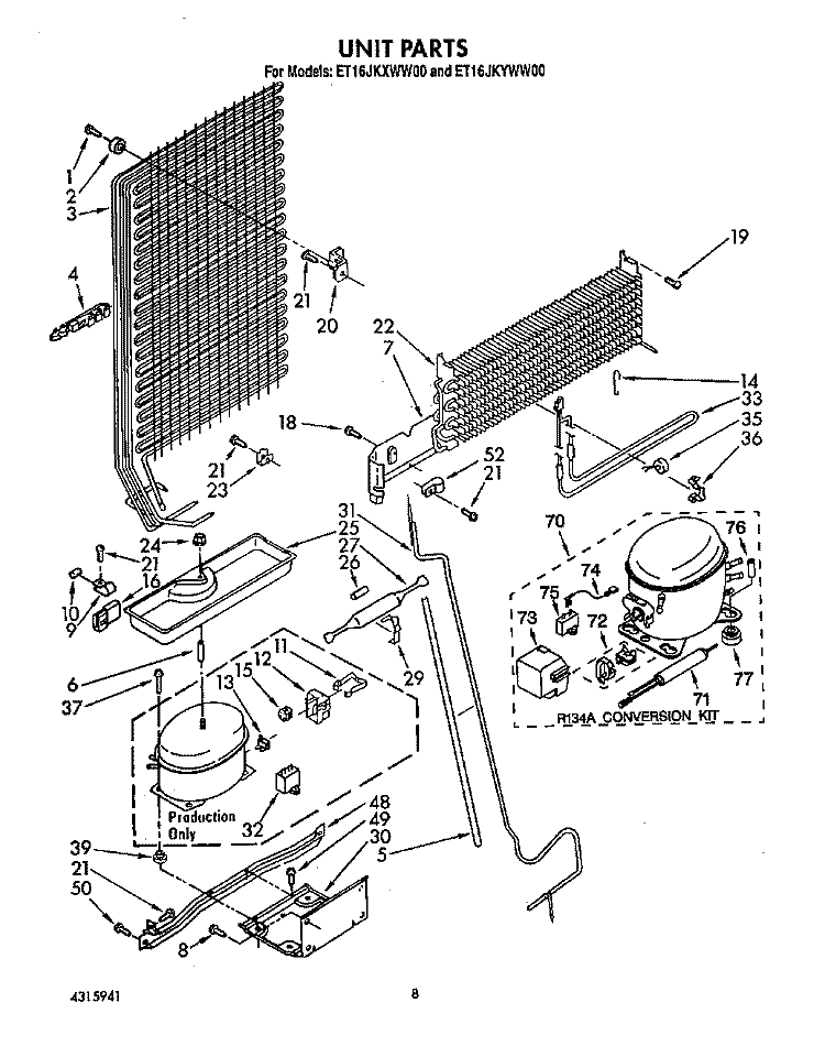 UNIT Diagram and Parts List for ET16JKXWG00  Whirlpool Refrigerator