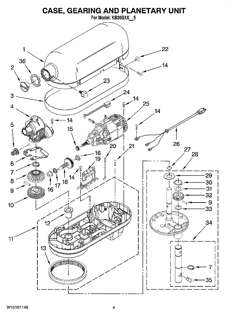 CASE, GEARING AND PLANETARY UNIT Diagram and Parts List for KB26G1XER5  KitchenAid Mixer