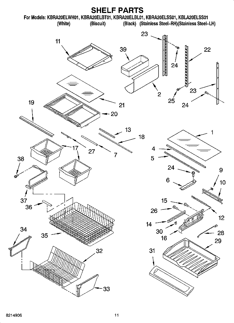 SHELF PARTS Diagram and Parts List for KBRA20ELSS01  KitchenAid Refrigerator