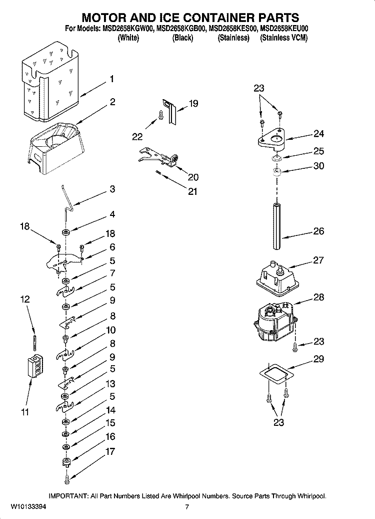 MOTOR AND ICE CONTAINER PARTS Diagram and Parts List for MSD2658KEU00  Whirlpool Refrigerator