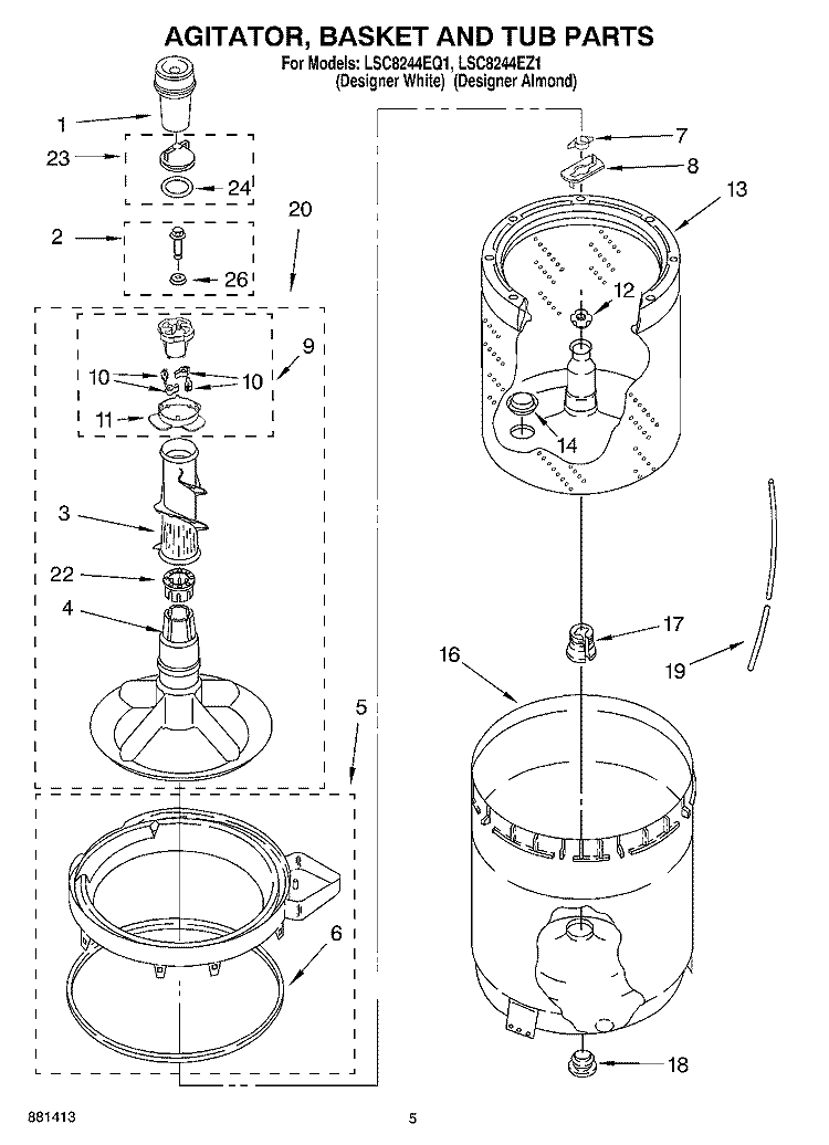 AGITATOR, BASKET AND TUB Diagram and Parts List for LSC8244EZ1  Whirlpool Washer