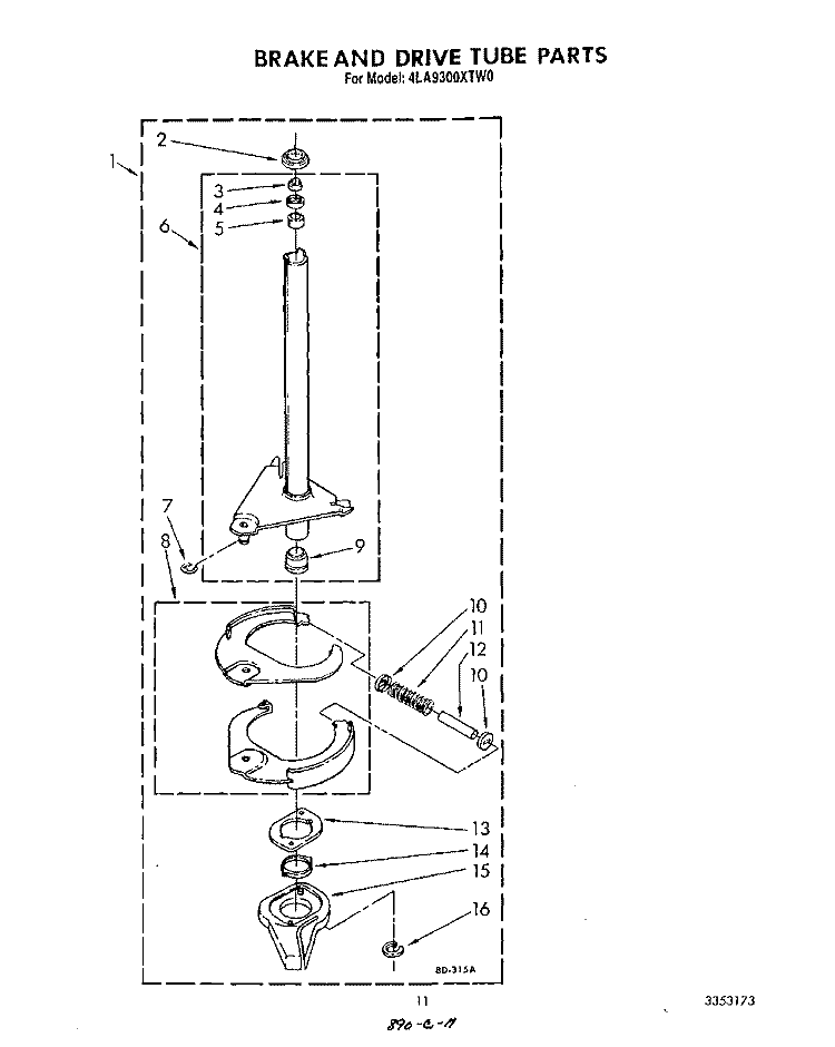 BRAKE AND DRIVE TUBE Diagram and Parts List for 4LA9300XTW0  Whirlpool Washer
