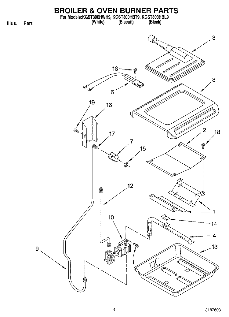 BROILER AND OVEN BURNER Diagram and Parts List for KGST300HBT9  KitchenAid Range