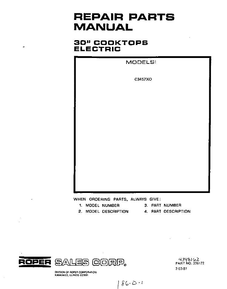 COVER Diagram and Parts List for C3457X0  Roper Range