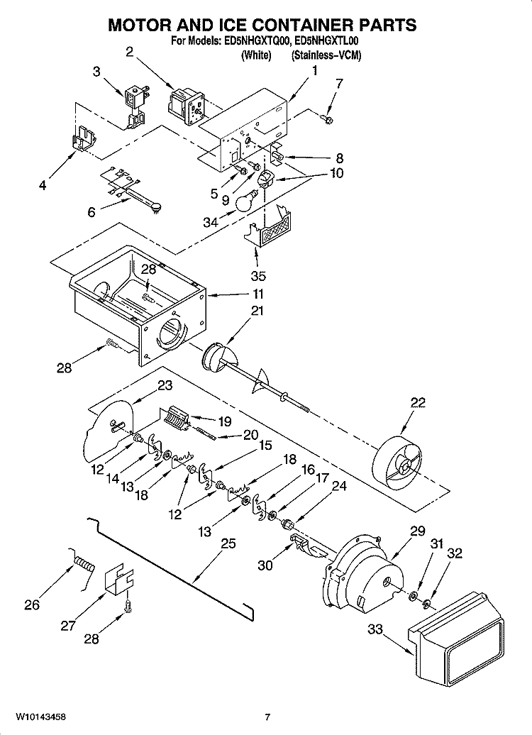 MOTOR AND ICE CONTAINER PARTS Diagram and Parts List for ED5NHGXTQ00  Whirlpool Refrigerator