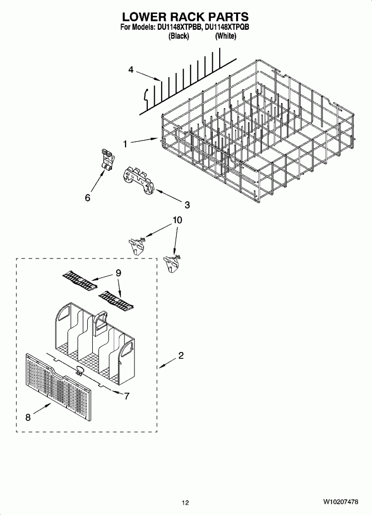 LOWER RACK PARTS Diagram and Parts List for DU1148XTPBB  Whirlpool Dishwasher