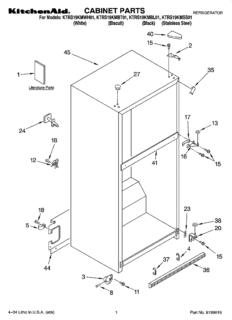 CABINET PARTS Diagram and Parts List for KTRS19KMWH01  KitchenAid Refrigerator
