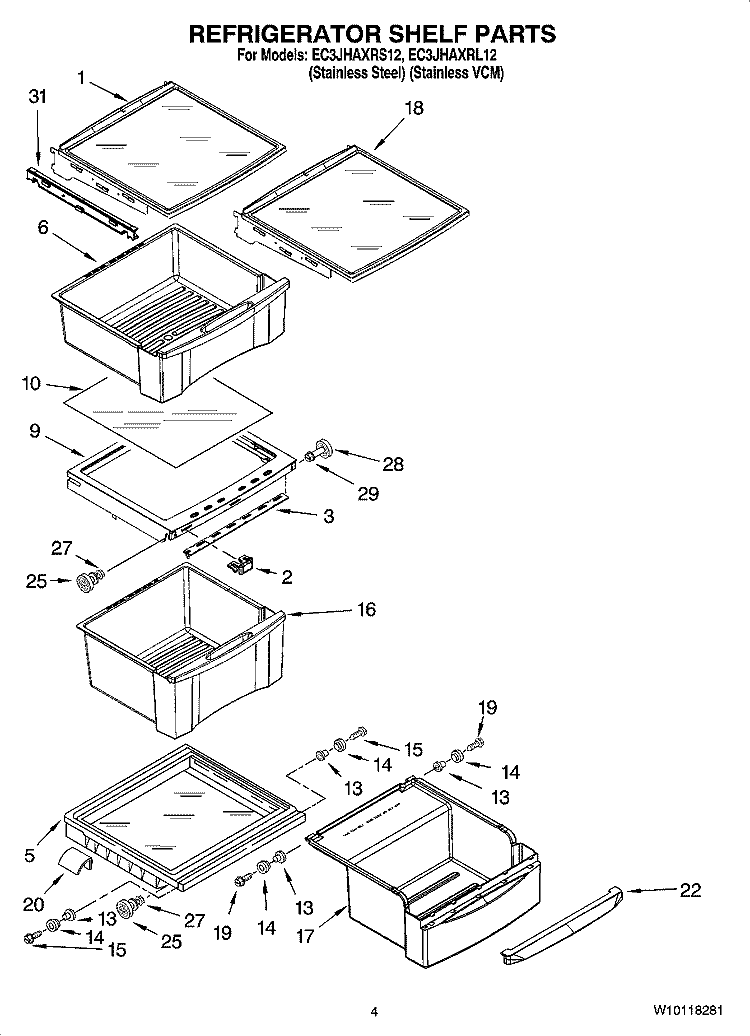 REFRIGERATOR SHELF PARTS Diagram and Parts List for EC3JHAXRL12  Whirlpool Refrigerator