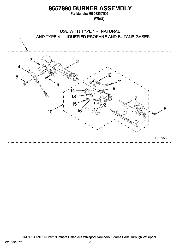 8557890 BURNER ASSEMBLY, OPTIONAL PARTS (NOT INCLUDED) Diagram and Parts List for MGD6300TQ0  Maytag Dryer