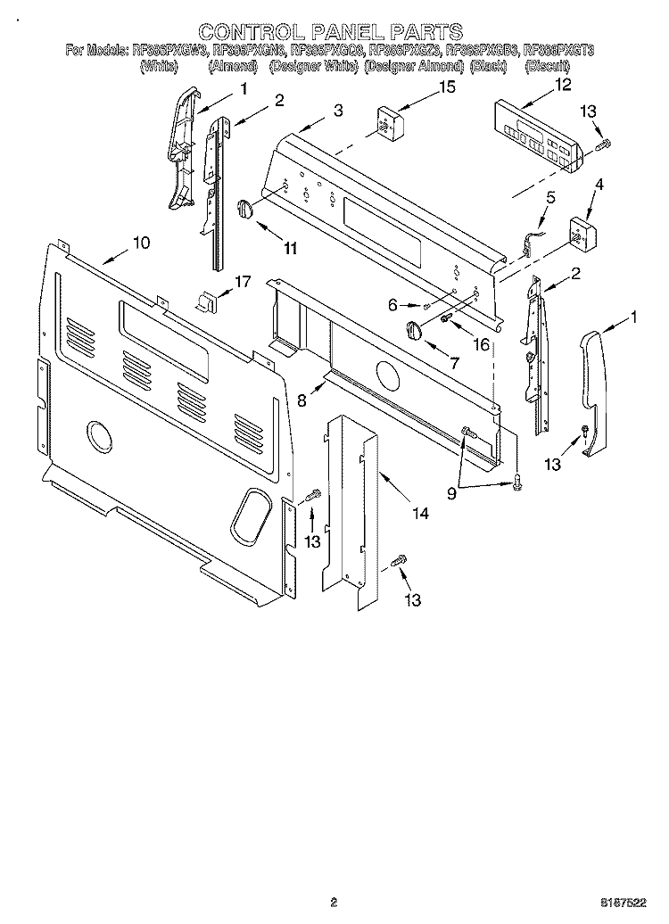 CONTROL PANEL Diagram and Parts List for RF386PXGN3  Whirlpool Range