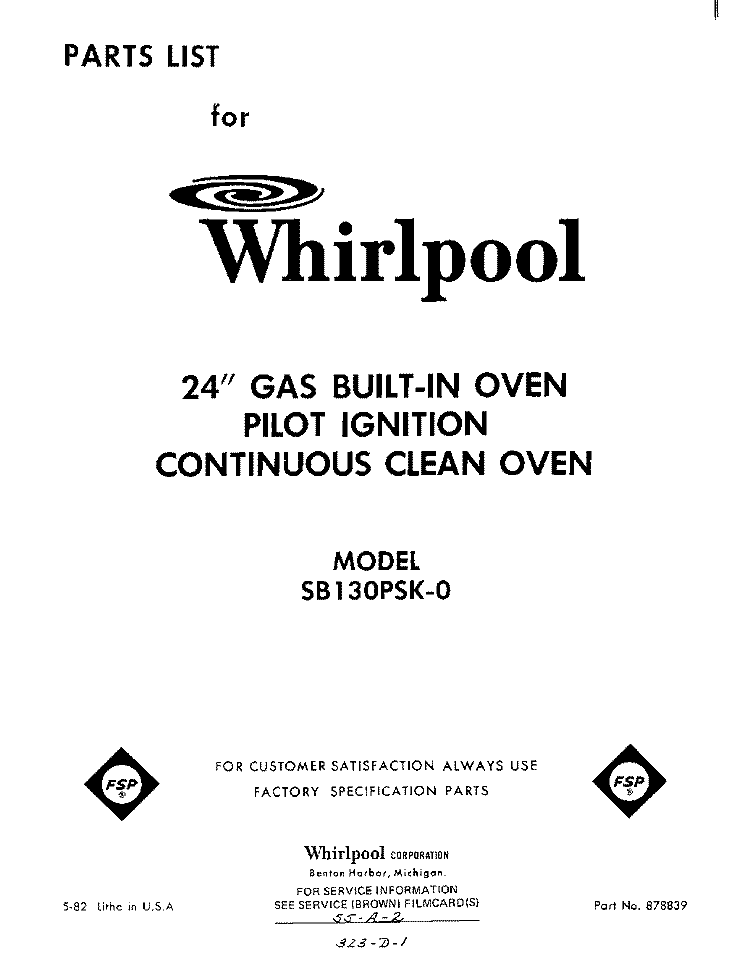 SECTION Diagram and Parts List for SB130PSK0  Whirlpool Wall Oven