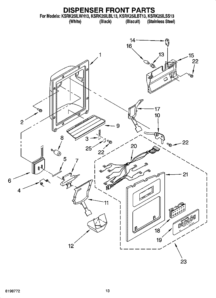 DISPENSER FRONT PARTS Diagram and Parts List for KSRK25ILWH13  KitchenAid Refrigerator