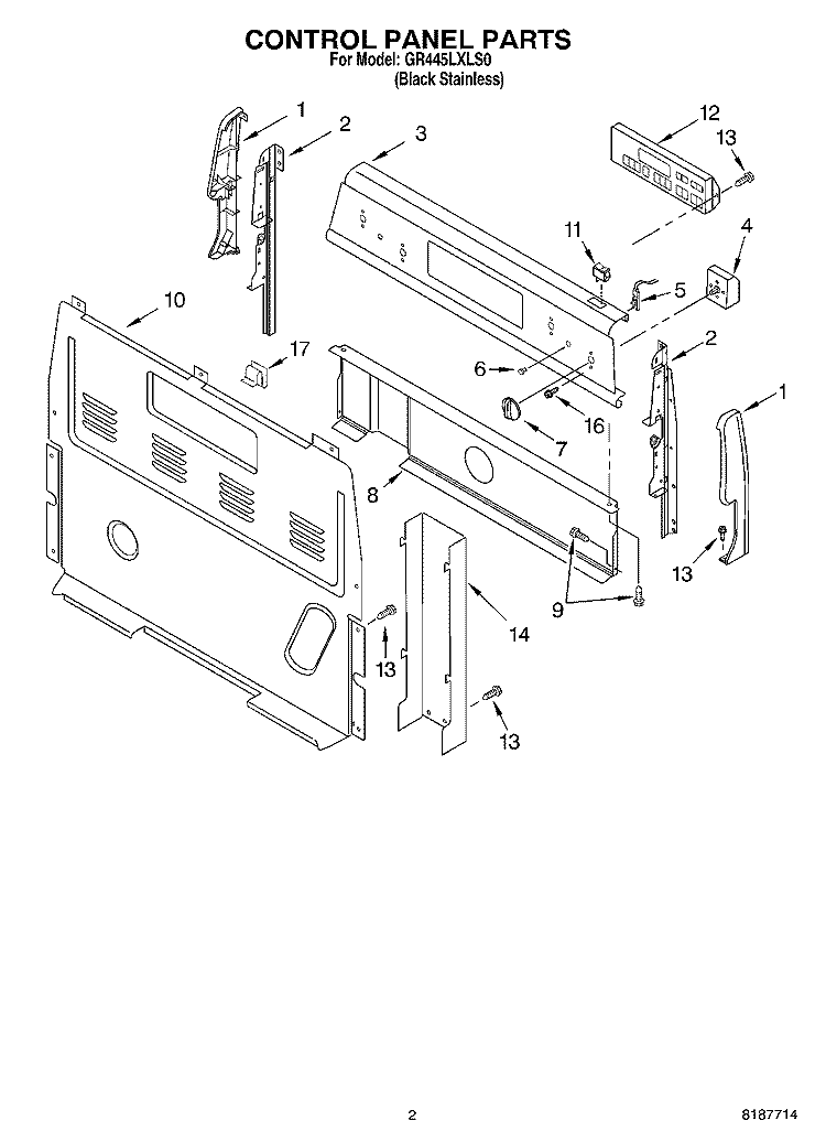CONTROL PANEL PARTS Diagram and Parts List for GR445LXLS0  Whirlpool Range