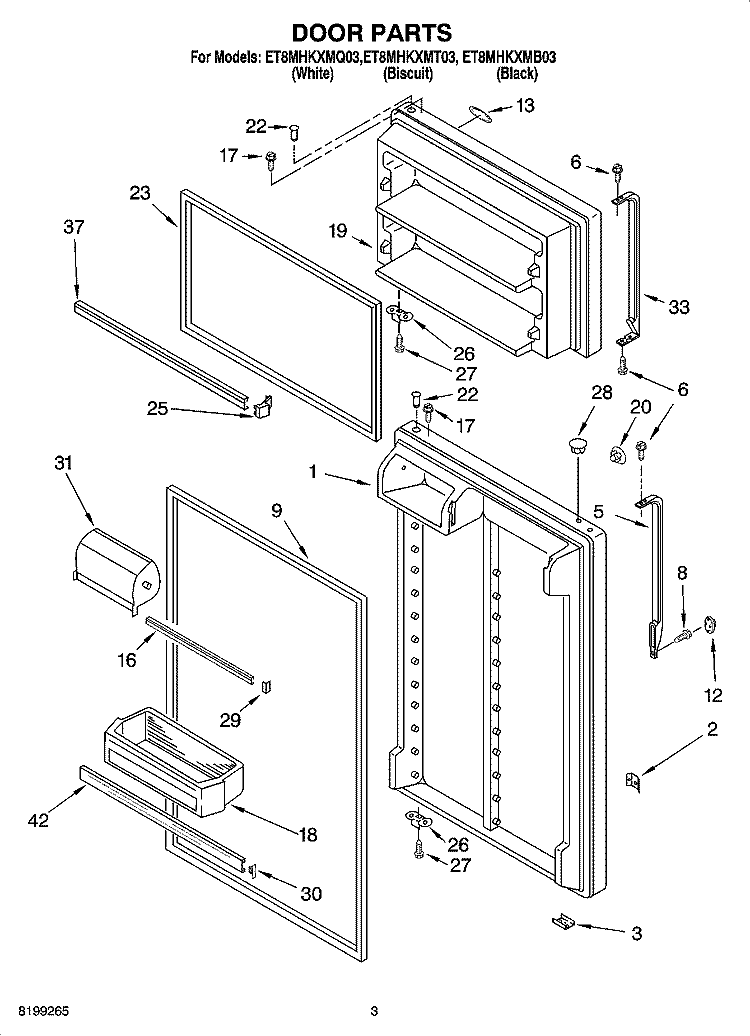 DOOR PARTS Diagram and Parts List for ET8MHKXMT03  Whirlpool Refrigerator