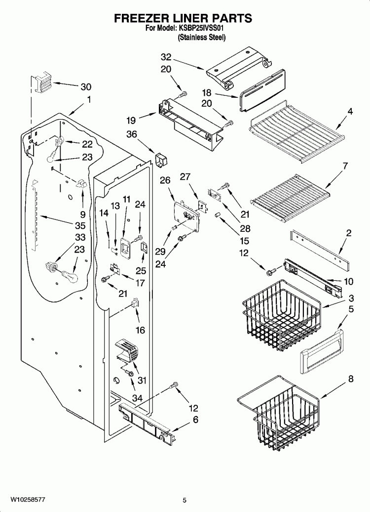 FREEZER LINER PARTS Diagram and Parts List for KSBP25IVSS01  KitchenAid Refrigerator