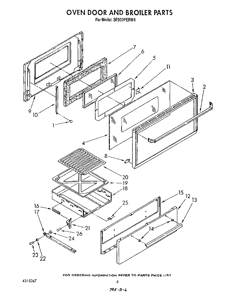 OVEN DOOR AND BROILER Diagram and Parts List for SE950PERW4  Whirlpool Range