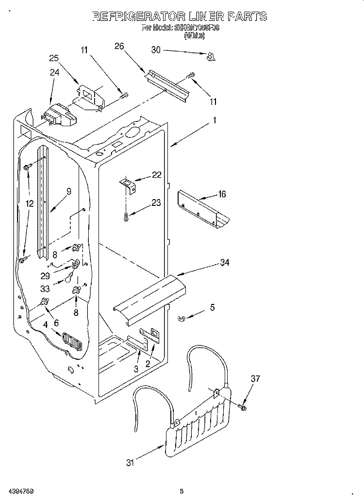 REFRIGERATOR LINER Diagram and Parts List for 3XKGN7050F00  Whirlpool Refrigerator