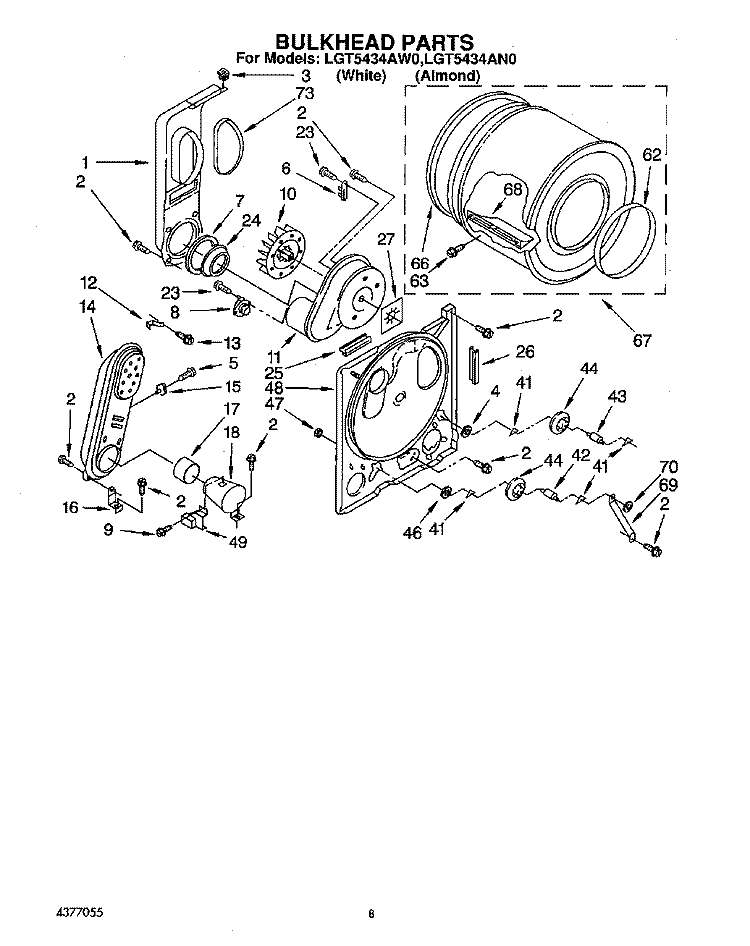 BULKHEAD Diagram and Parts List for LGT5434AW0  Whirlpool Dryer
