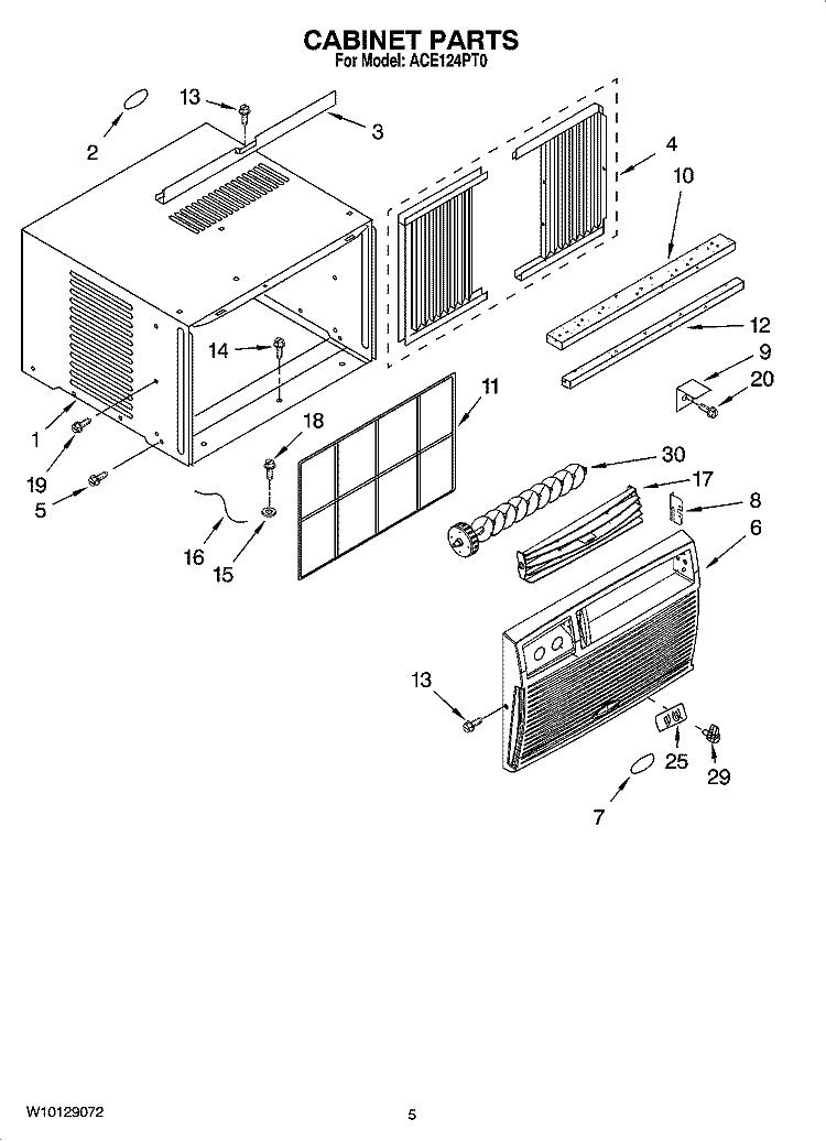CABINET PARTS Diagram and Parts List for ACE124PT0  Whirlpool Air Conditioner