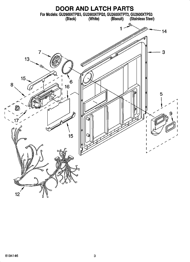 DOOR AND LATCH PARTS Diagram and Parts List for GU2600XTPB3  Whirlpool Dishwasher