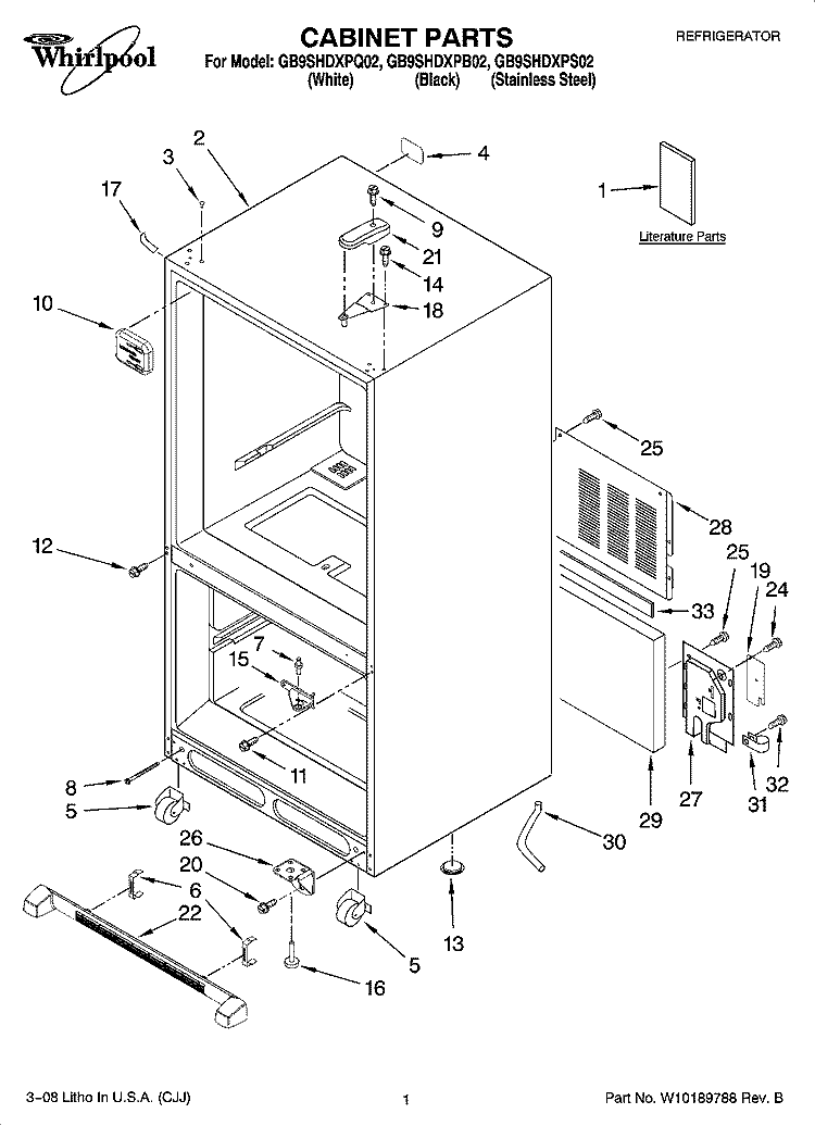 CABINET PARTS Diagram and Parts List for GB9SHDXPS02  Whirlpool Refrigerator
