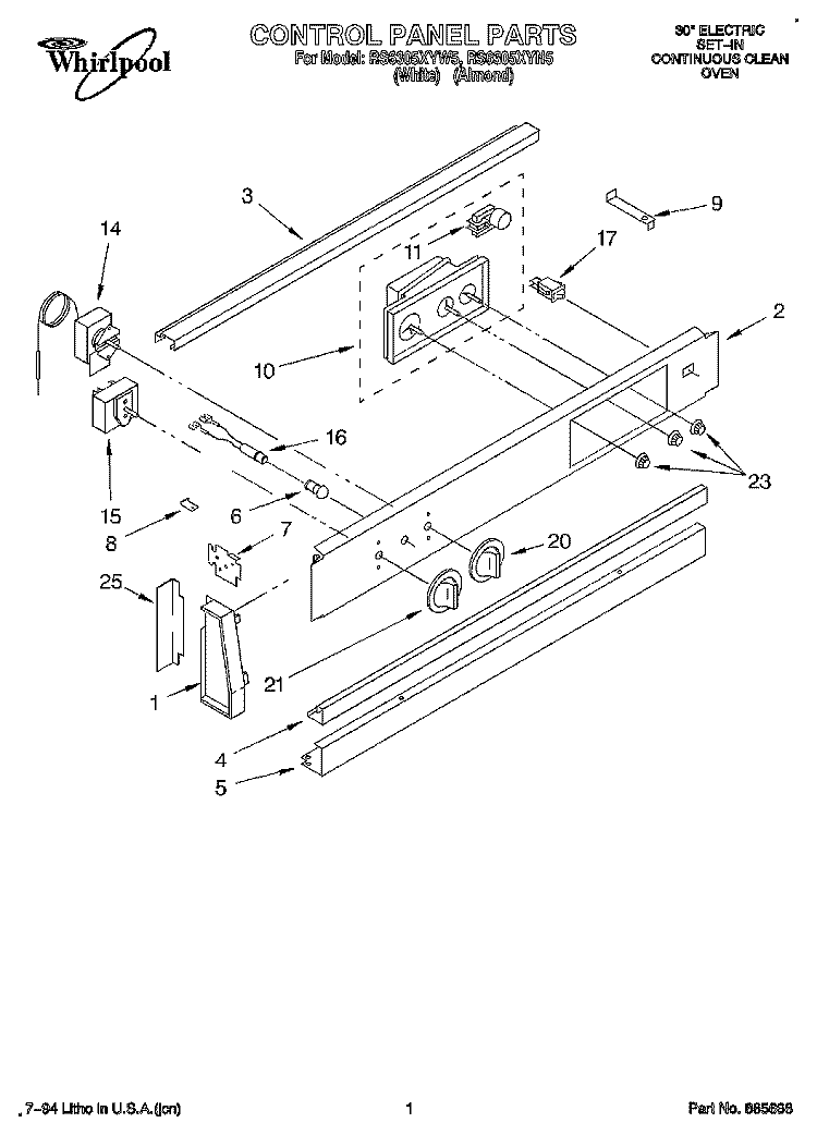 CONTROL PANEL, LITERATURE Diagram and Parts List for RS6305XYW5  Whirlpool Range