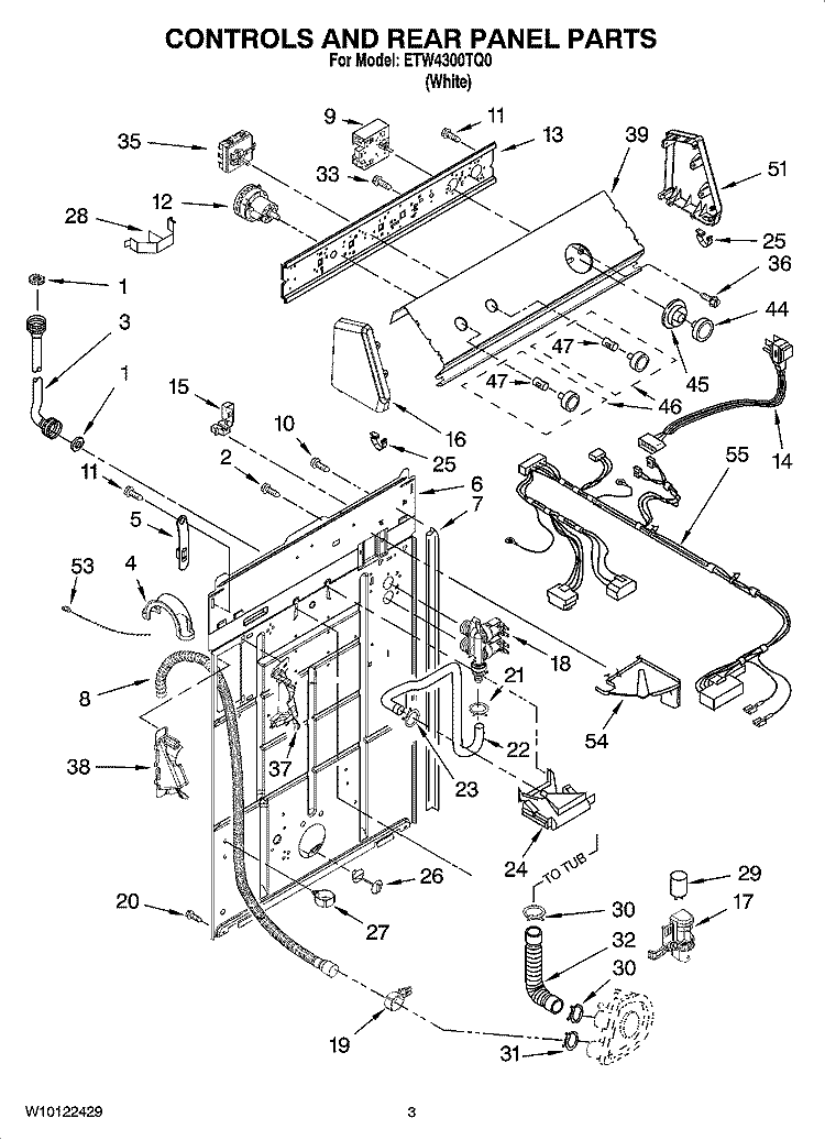 CONTROLS AND REAR PANEL PARTS Diagram and Parts List for ETW4300TQ0  Estate Washer