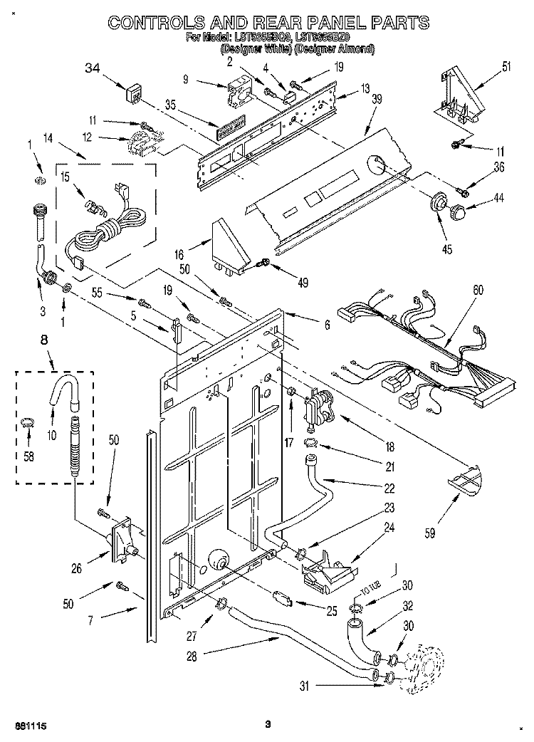 CONTROLS AND REAR PANEL Diagram and Parts List for LST9355BZ0  Whirlpool Washer