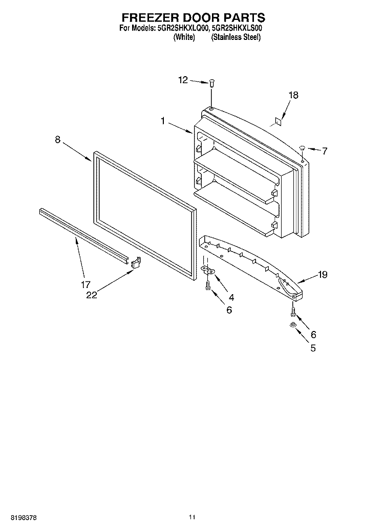 FREEZER DOOR Diagram and Parts List for 5GR2SHKXKQ00  Whirlpool Refrigerator
