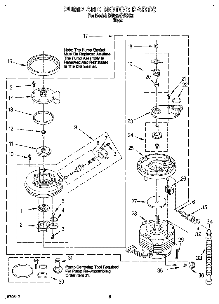 PUMP AND MOTOR Diagram and Parts List for DU920QWDB2  Whirlpool Dishwasher