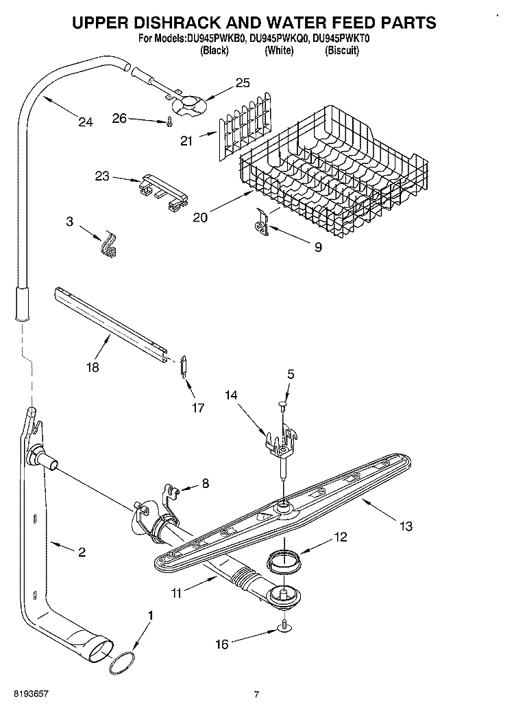 UPPER DISHRACK & WATER FEED Diagram and Parts List for DU945PWKB0  Whirlpool Dishwasher
