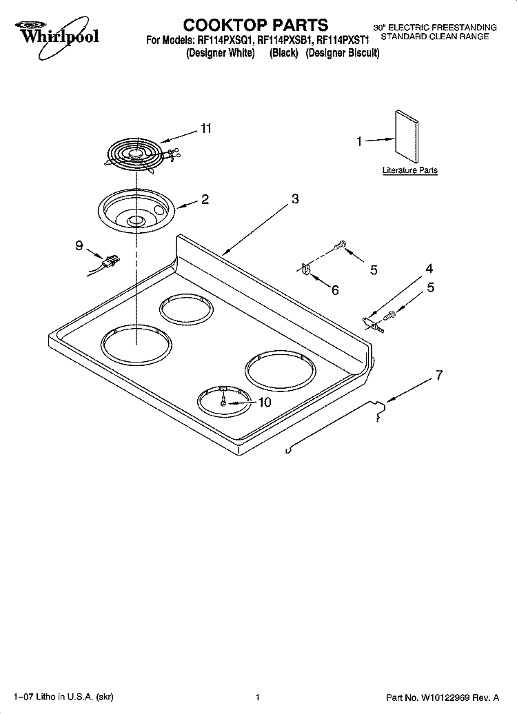 COOKTOP PARTS Diagram and Parts List for RF114PXSB1  Whirlpool Range