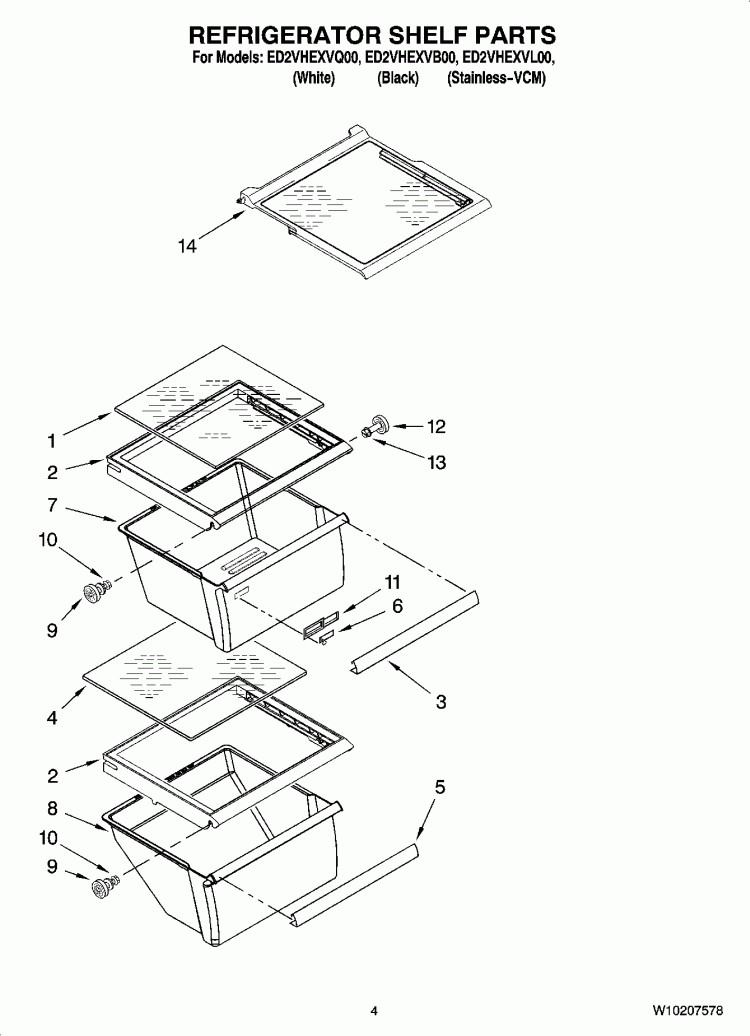 REFRIGERATOR SHELF PARTS Diagram and Parts List for ED2VHEXVB00  Whirlpool Refrigerator