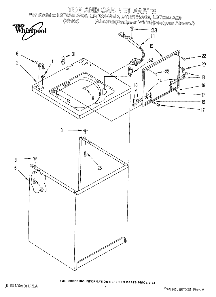 TOP AND CABINET, LIT/OPTIONAL Diagram and Parts List for LST8244AN0  Whirlpool Washer