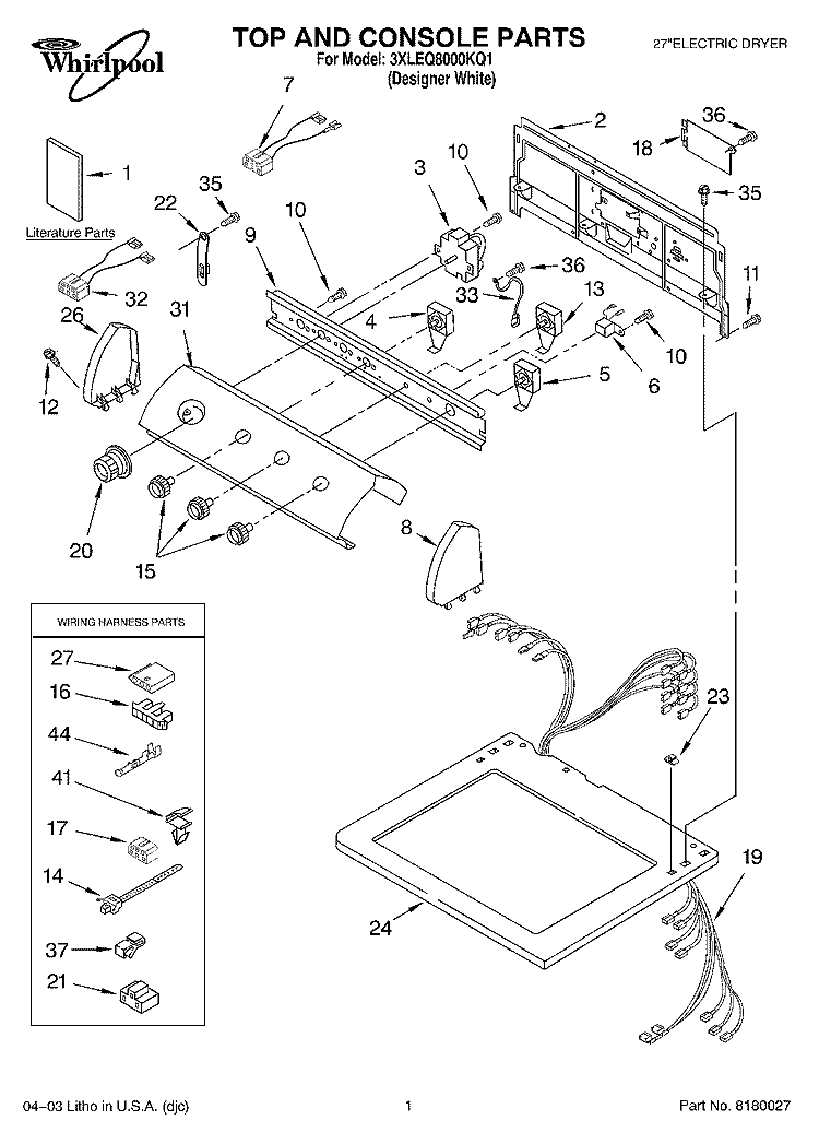 TOP AND CONSOLE PARTS Diagram and Parts List for 3XLEQ8000KQ1  Whirlpool Dryer