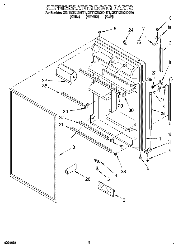 REFRIGERATOR DOOR Diagram and Parts List for 8ET18ZKXDW01  Whirlpool Refrigerator