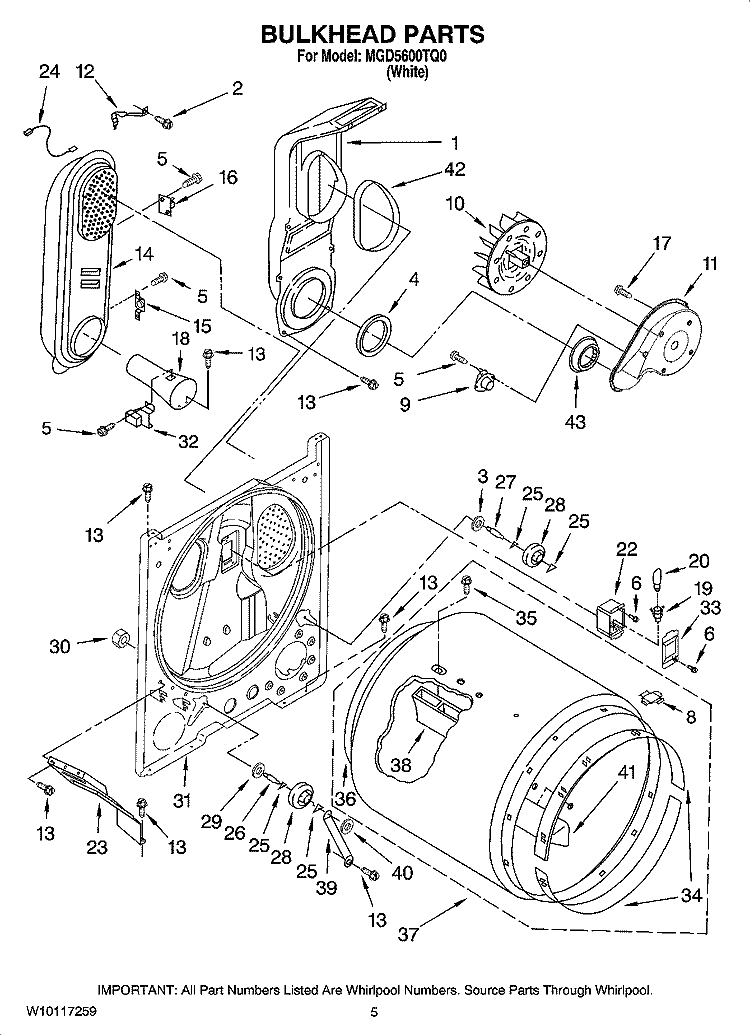 BULKHEAD PARTS Diagram and Parts List for MGD5600TQ0  Maytag Dryer