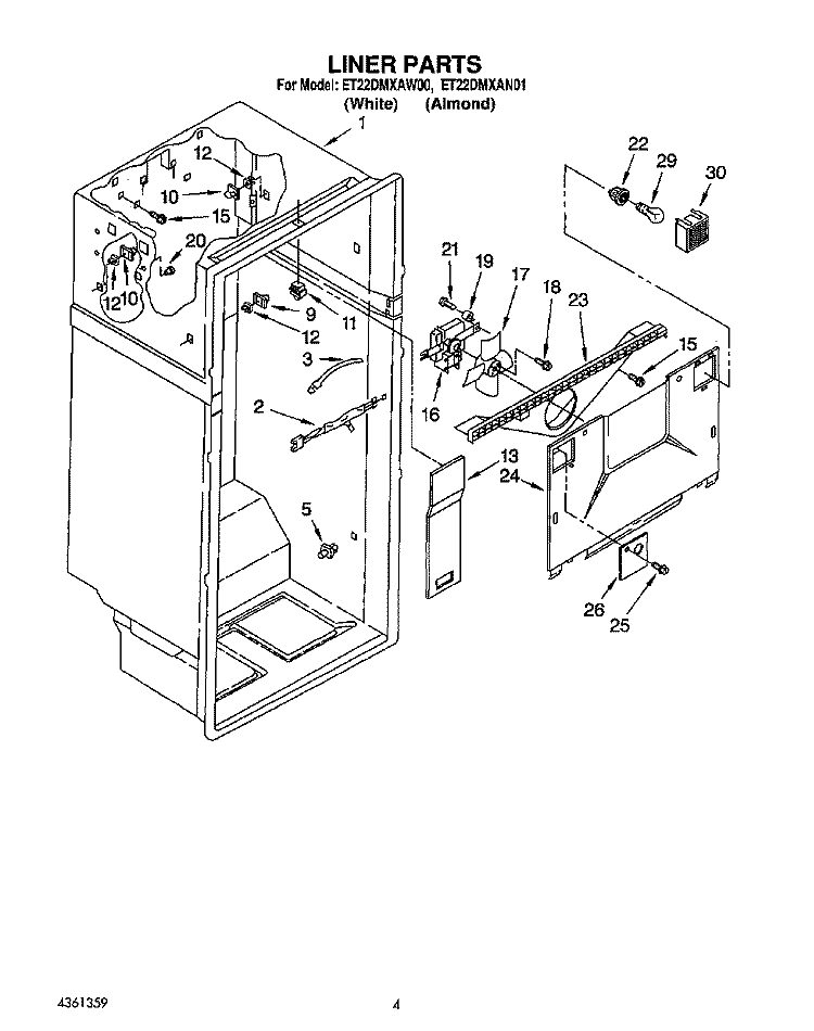 LINER Diagram and Parts List for ET22DMXAW00  Whirlpool Refrigerator