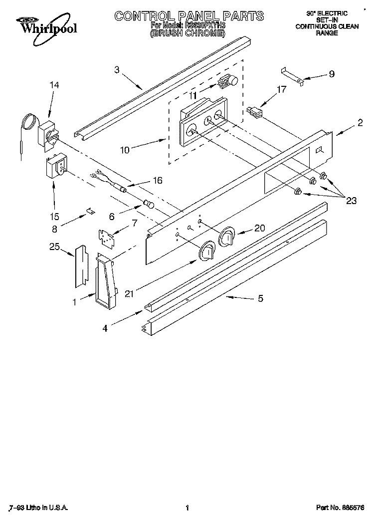 CONTROL PANEL, LITERATURE Diagram and Parts List for RS630PXYH3  Whirlpool Range