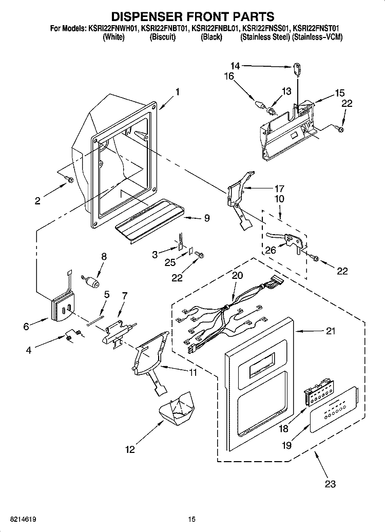 DISPENSER FRONT PARTS Diagram and Parts List for KSRI22FNBL01  KitchenAid Refrigerator