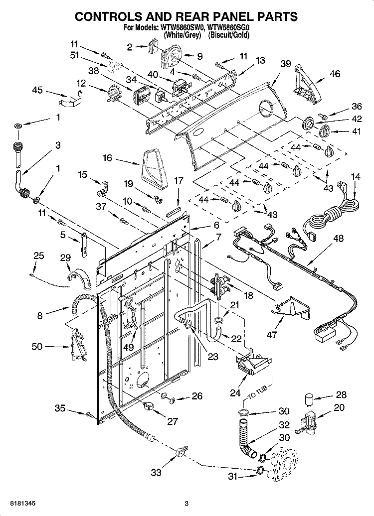 CONTROLS AND REAR PANEL PARTS Diagram and Parts List for WTW5860SG0  Whirlpool Washer
