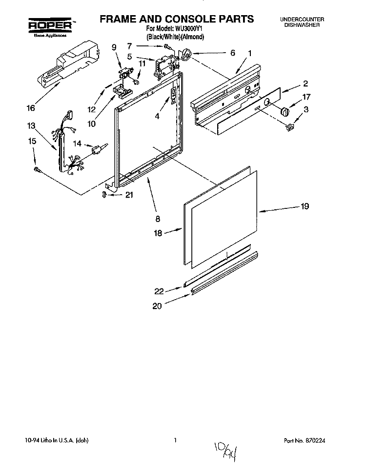 FRAME AND CONSOLE Diagram and Parts List for WU3000Y1  Roper Dishwasher