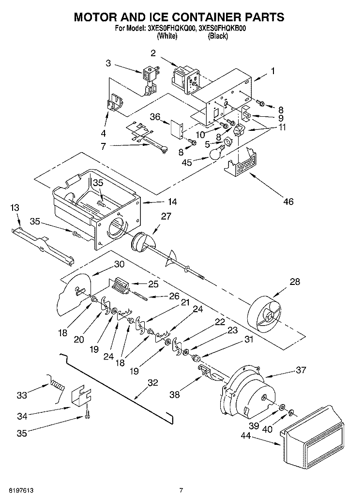 MOTOR AND ICE CONTAINER Diagram and Parts List for 3XES0FHQKQ00  Whirlpool Refrigerator