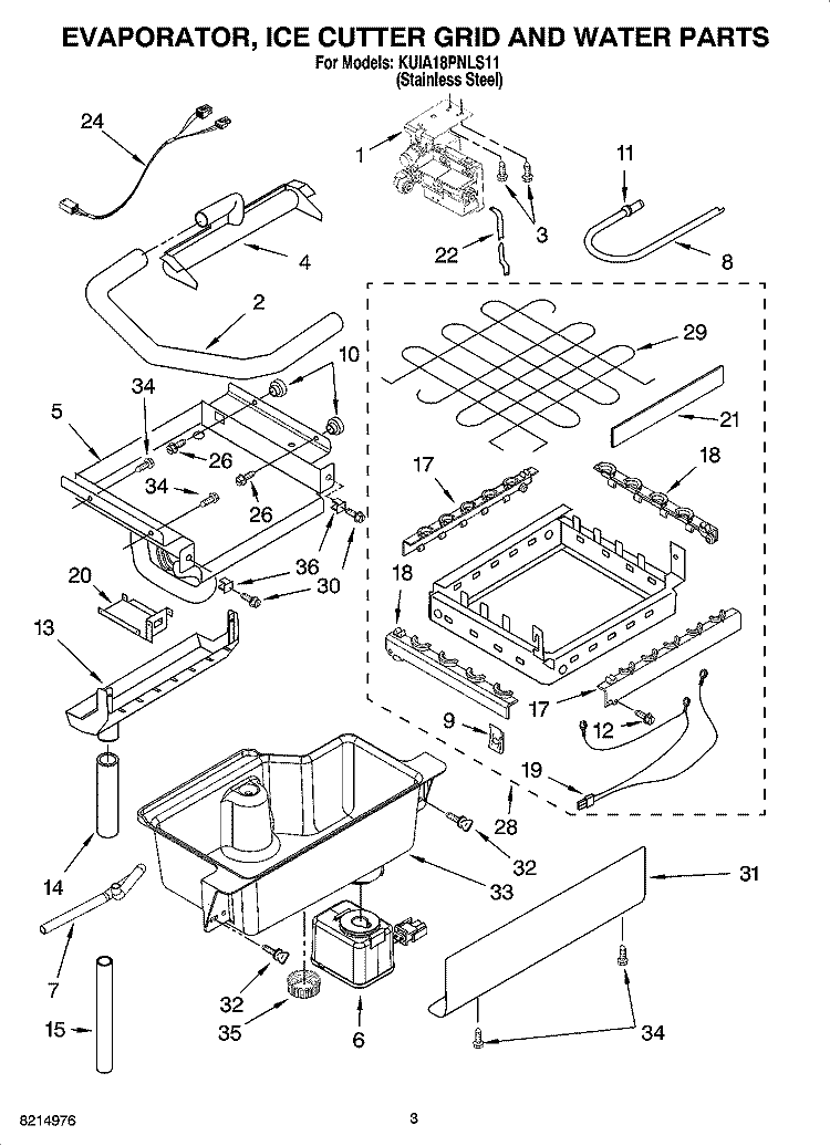 EVAPORATOR, ICE CUTTER GRID AND WATER PARTS Diagram and Parts List for KUIA18PNLS11  KitchenAid Ice Maker
