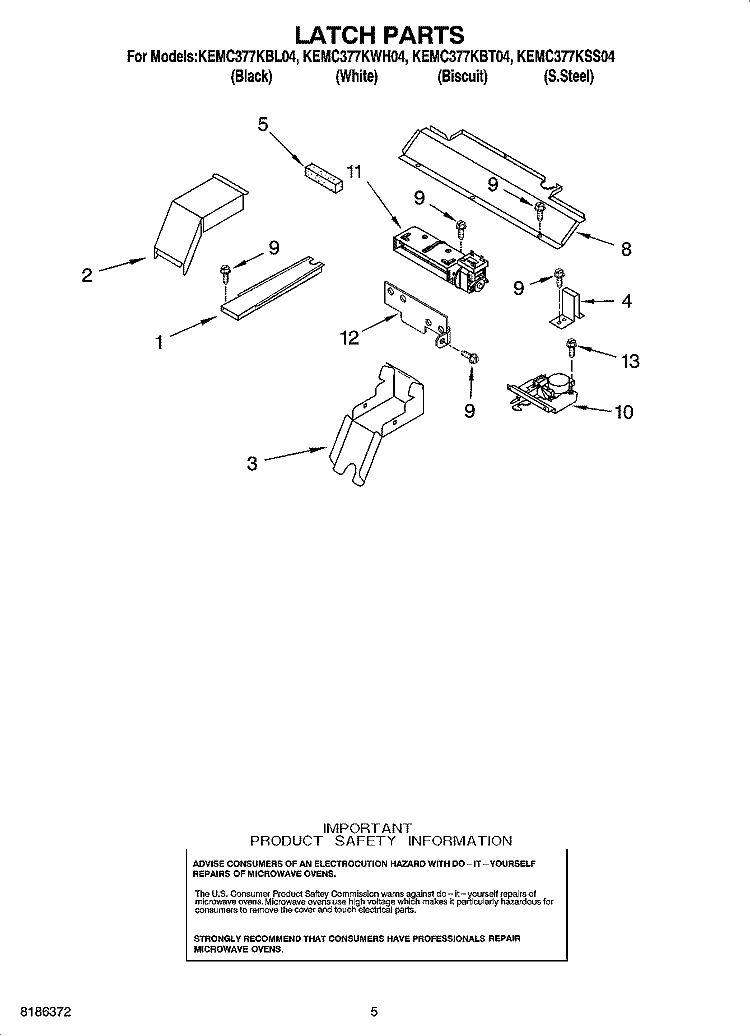 LATCH PARTS Diagram and Parts List for KEMC377KBL04  KitchenAid Microwave Oven Combo