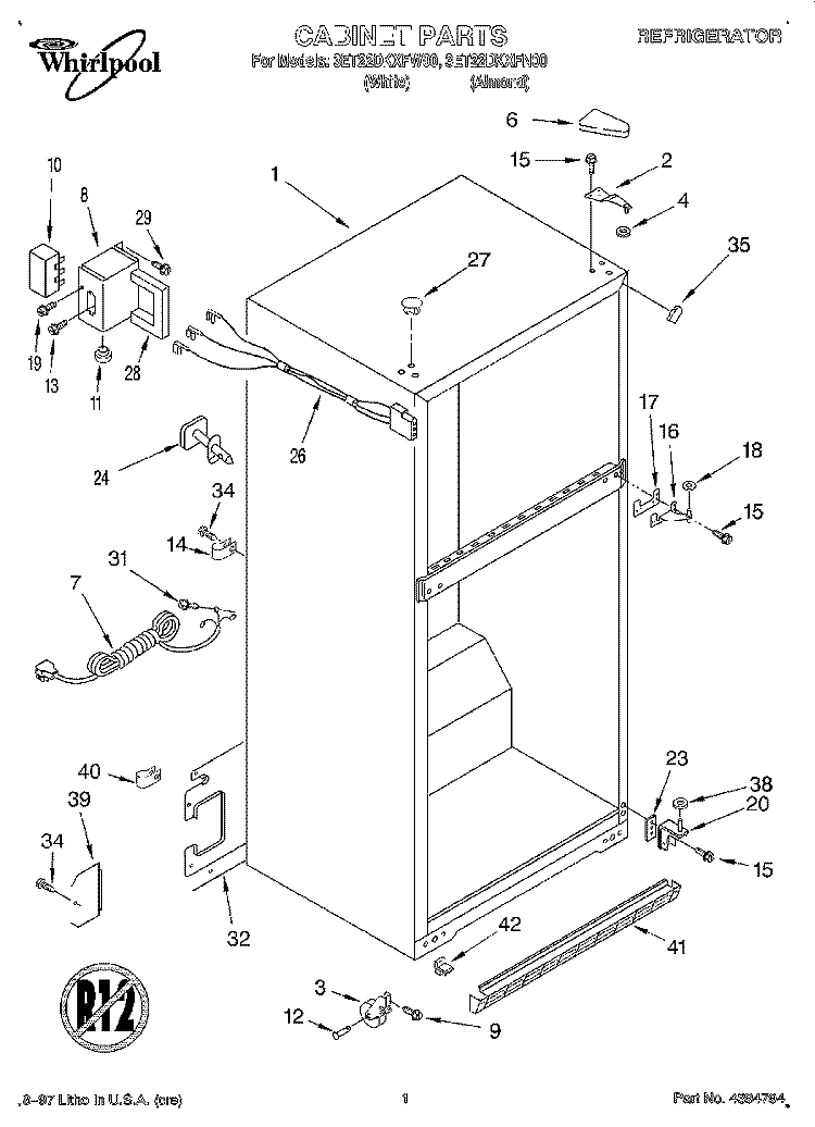 CABINET Diagram and Parts List for 3ET22DKXFW00  Whirlpool Refrigerator