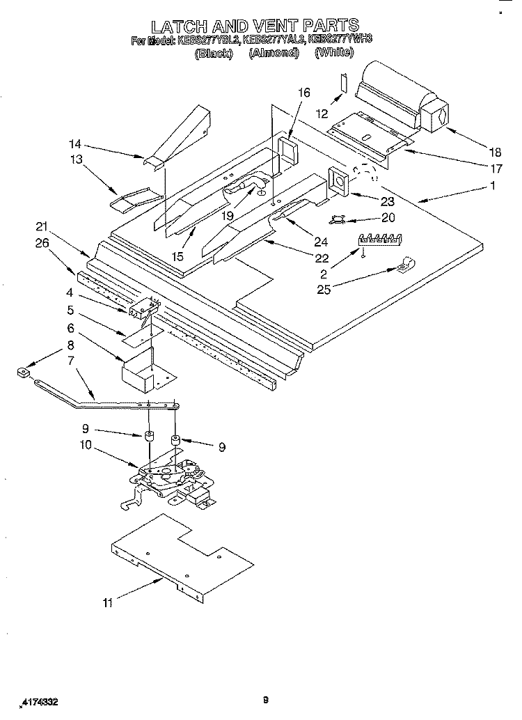 LATCH AND VENT Diagram and Parts List for KEBS277YBL3  KitchenAid Wall Oven